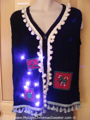 Tacky Xmas Sweater Vest with Lights Pom Pom Tassle Trim (g132)