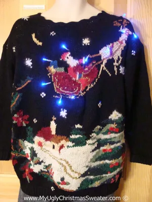 Tacky Xmas Sweater with Lights Santa and Flying Reindeer (g137)