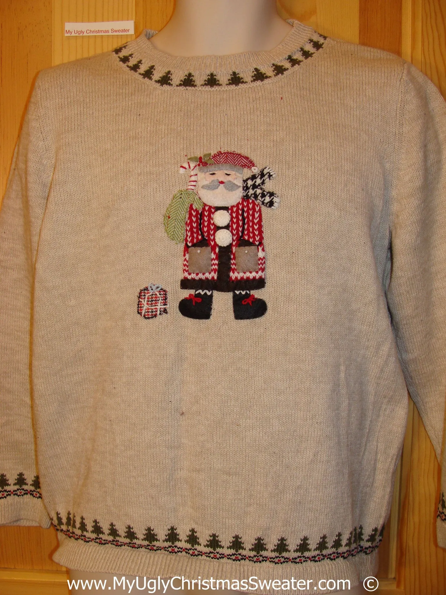 Tan Festive Christmas Sweater with Santa and Tree Trim