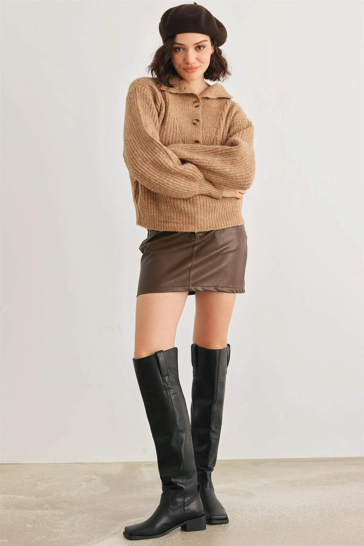 Taupe Wool Knit Button-Up Neck Sweater Pullover