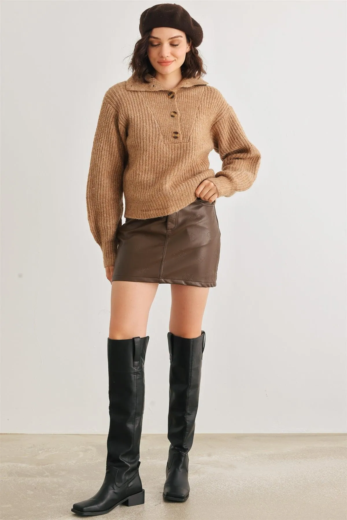 Taupe Wool Knit Button-Up Neck Sweater Pullover