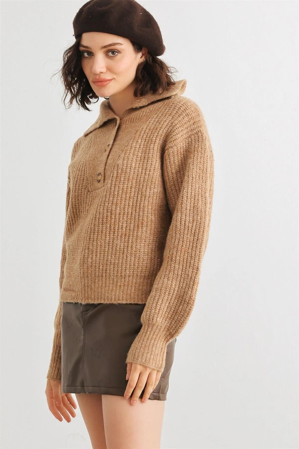 Taupe Wool Knit Button-Up Neck Sweater Pullover