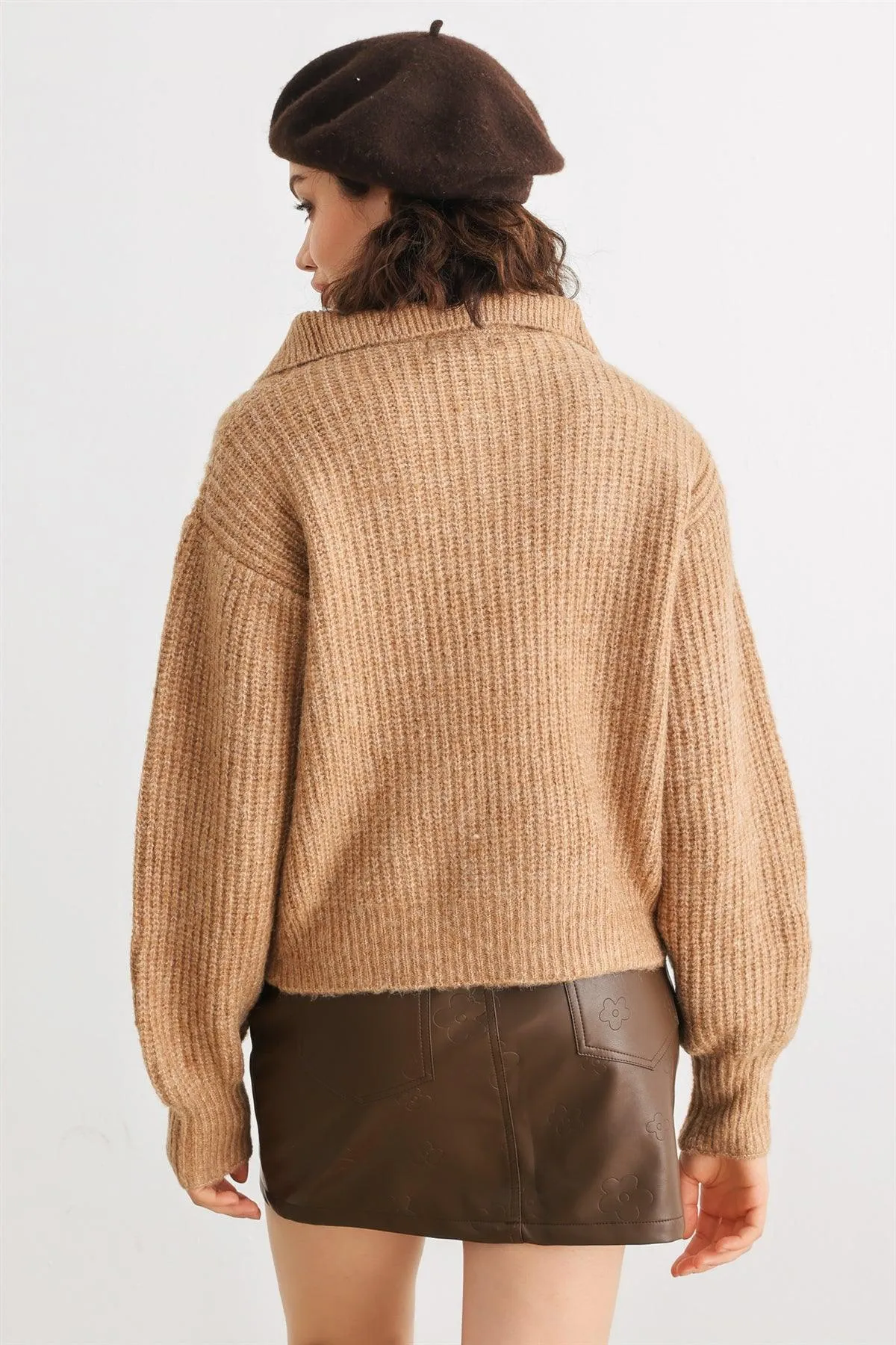 Taupe Wool Knit Button-Up Neck Sweater Pullover