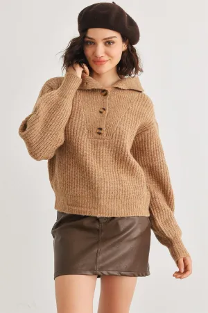 Taupe Wool Knit Button-Up Neck Sweater Pullover