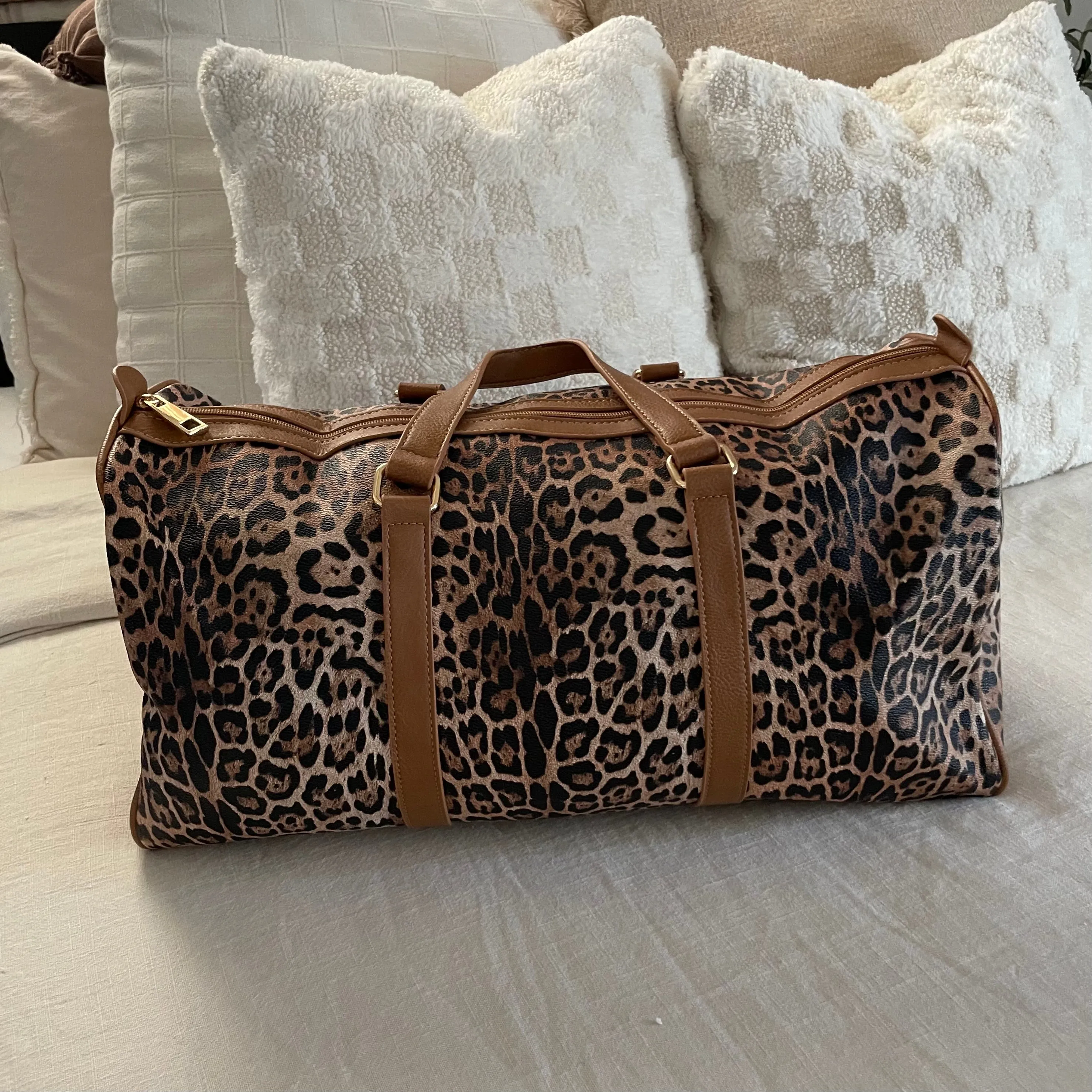 The Weekender Leopard Duffle Bag Set - Tan