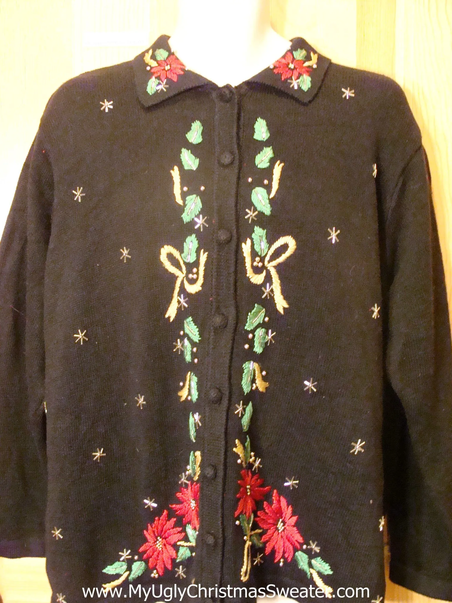 Ugly Christmas Sweater Cardigan Horrible Red Poinsettias