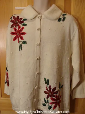 Ugly Christmas Sweater Cardigan with Bling Poinsettias