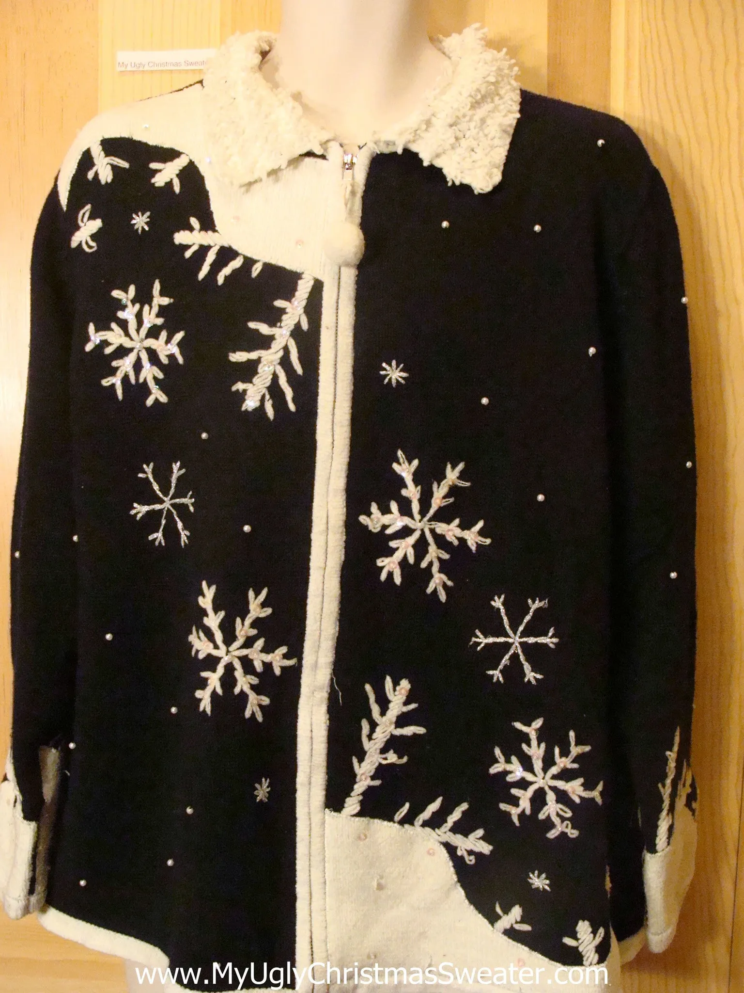 Ugly Christmas Sweater Huge Snowflakes Furry Collar