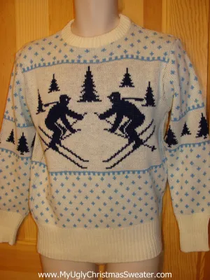 Ugly Christmas Sweater Party Vintage Tacky Sweater Dueling Skiers on Front and Back (v1)