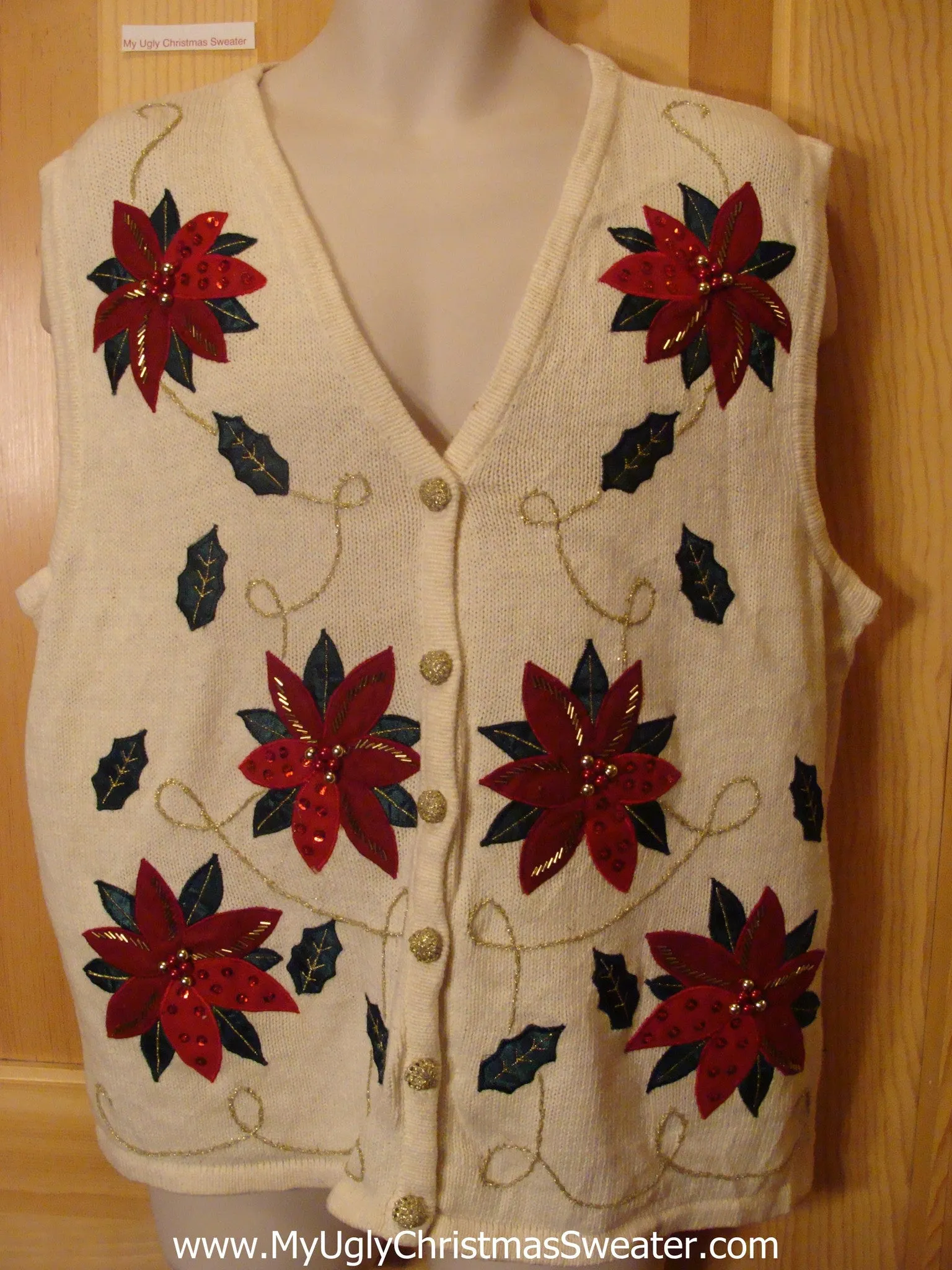 Ugly Christmas Sweater Vest with Bling Poinsttias