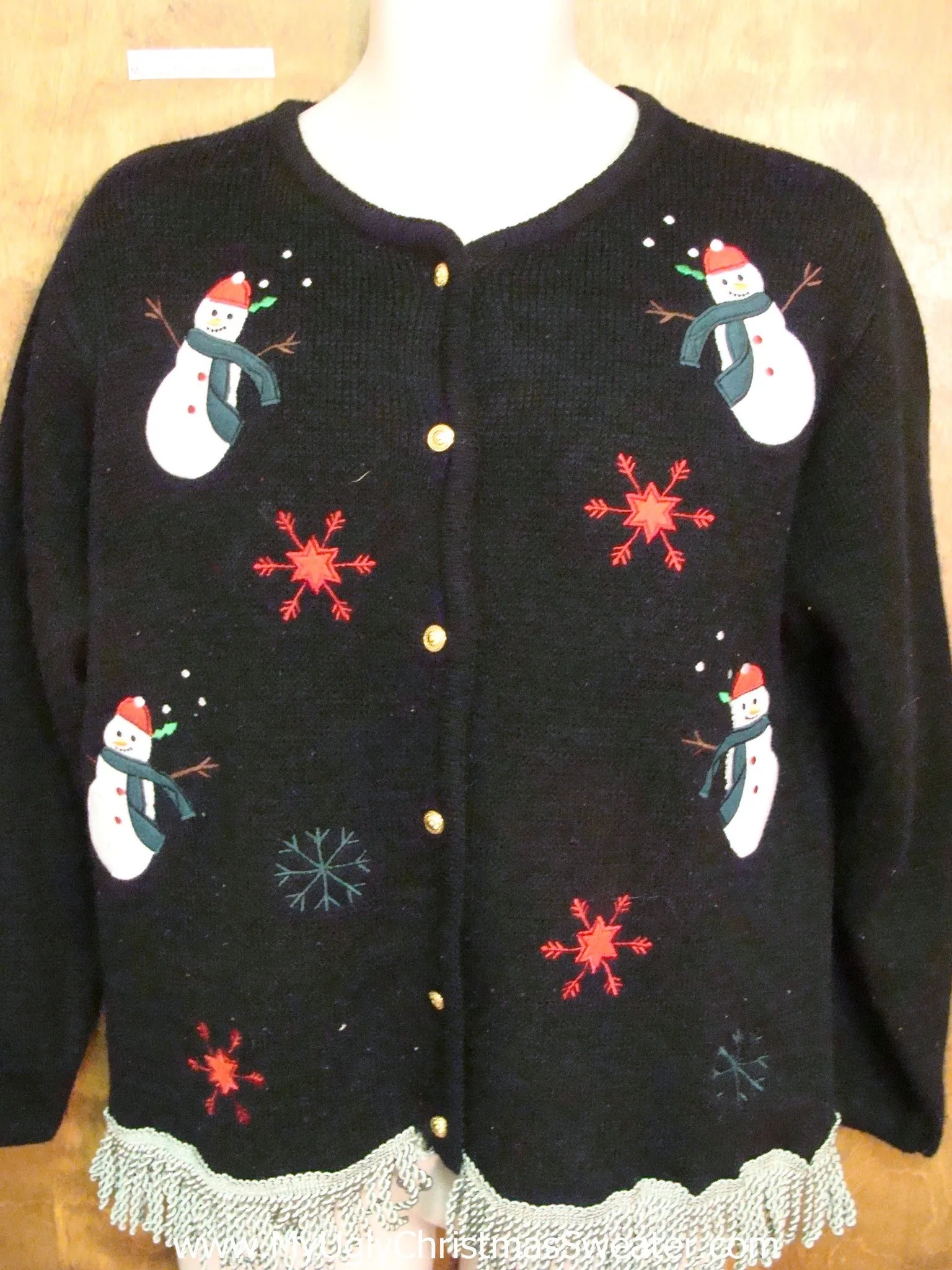 Ugly Christmas Sweater with Snowmen and Fringe