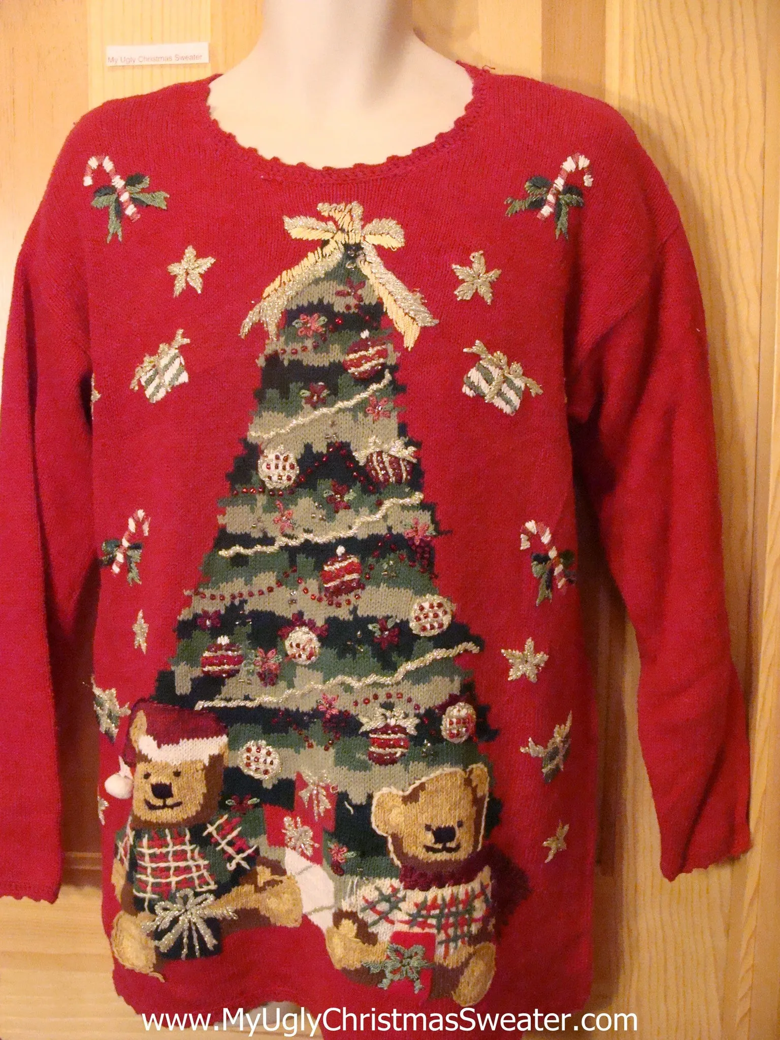 Ugly Christmas Sweater with Tree, Bears and Scalloped Trim