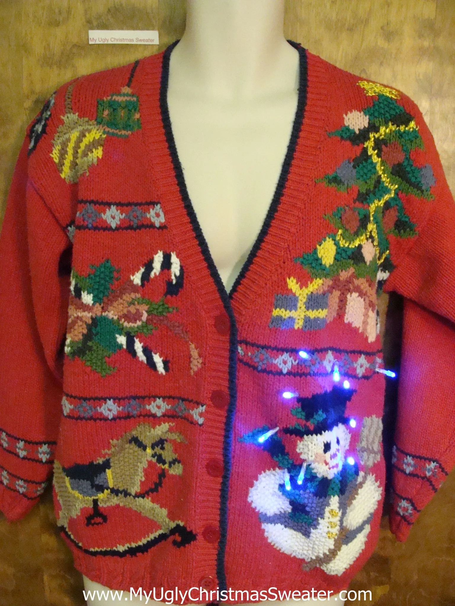 Ugly Red Christmas Sweater Cardigan with Lights