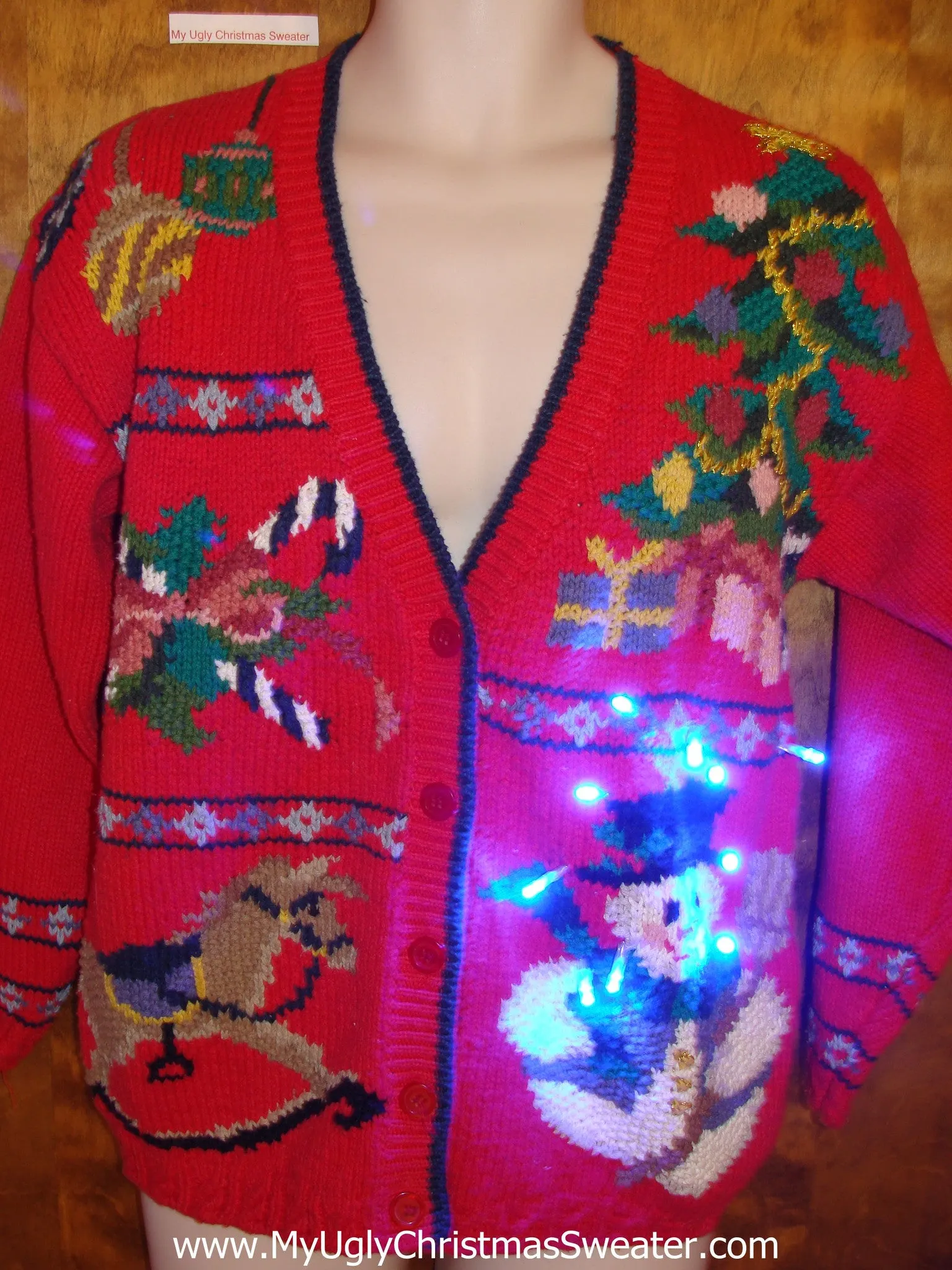 Ugly Red Christmas Sweater Cardigan with Lights