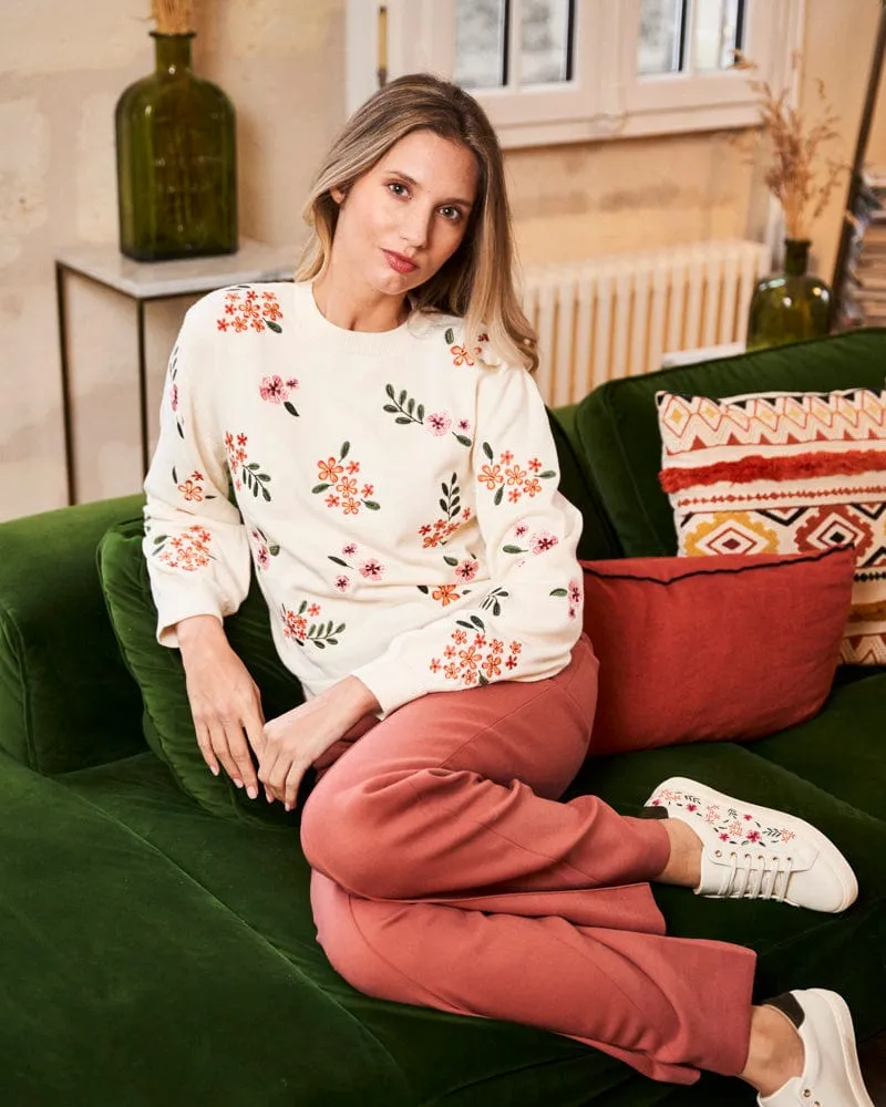 Verbena Organic Cotton Floral Embroidered Jumper | Ecru