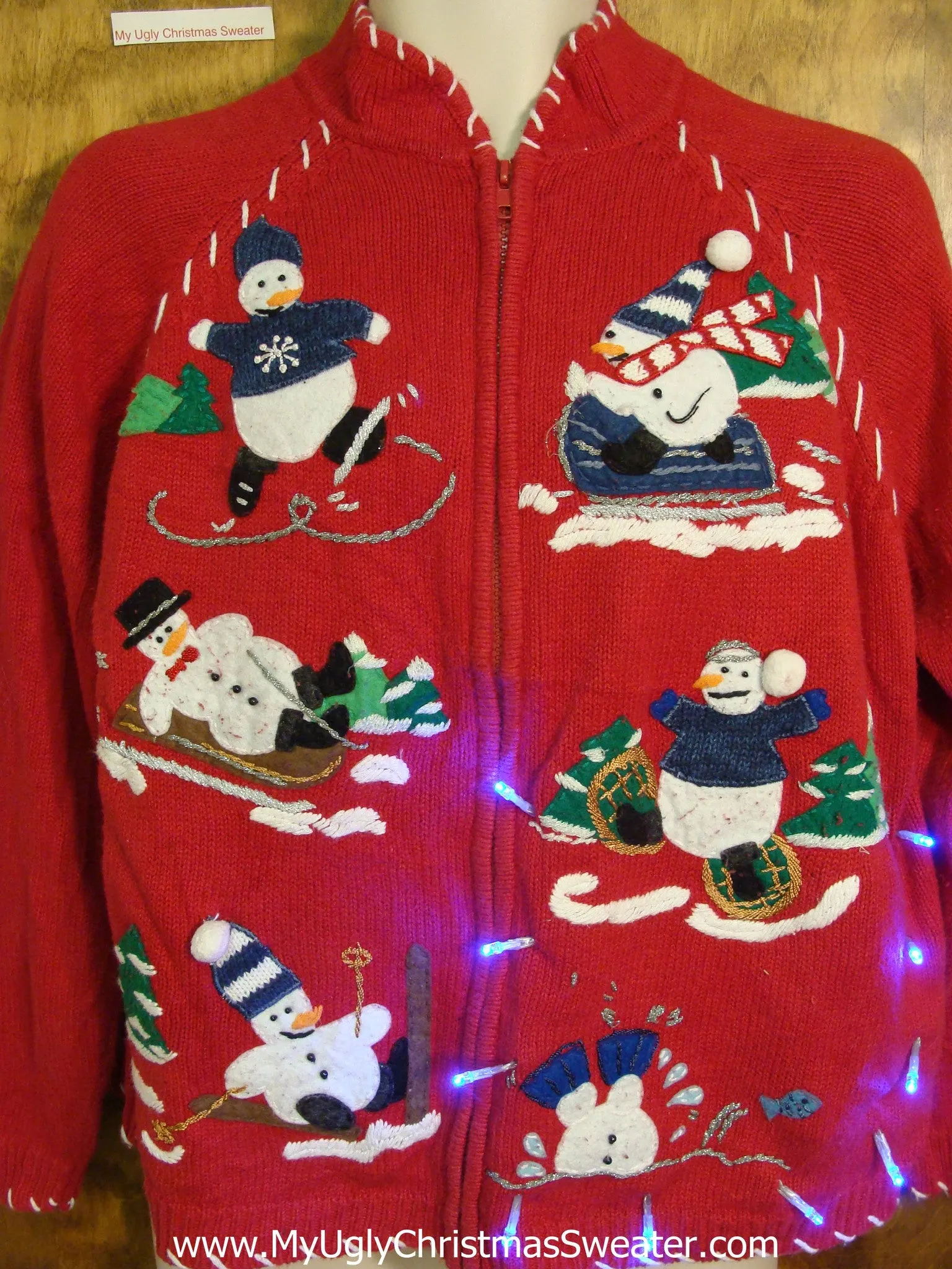 Winter Sports Snowmen Light Up Ugly Xmas Sweater