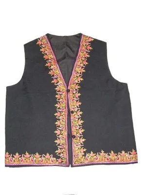 Woolen Waist Coat Black, Multicolor Embroidery #AO-077